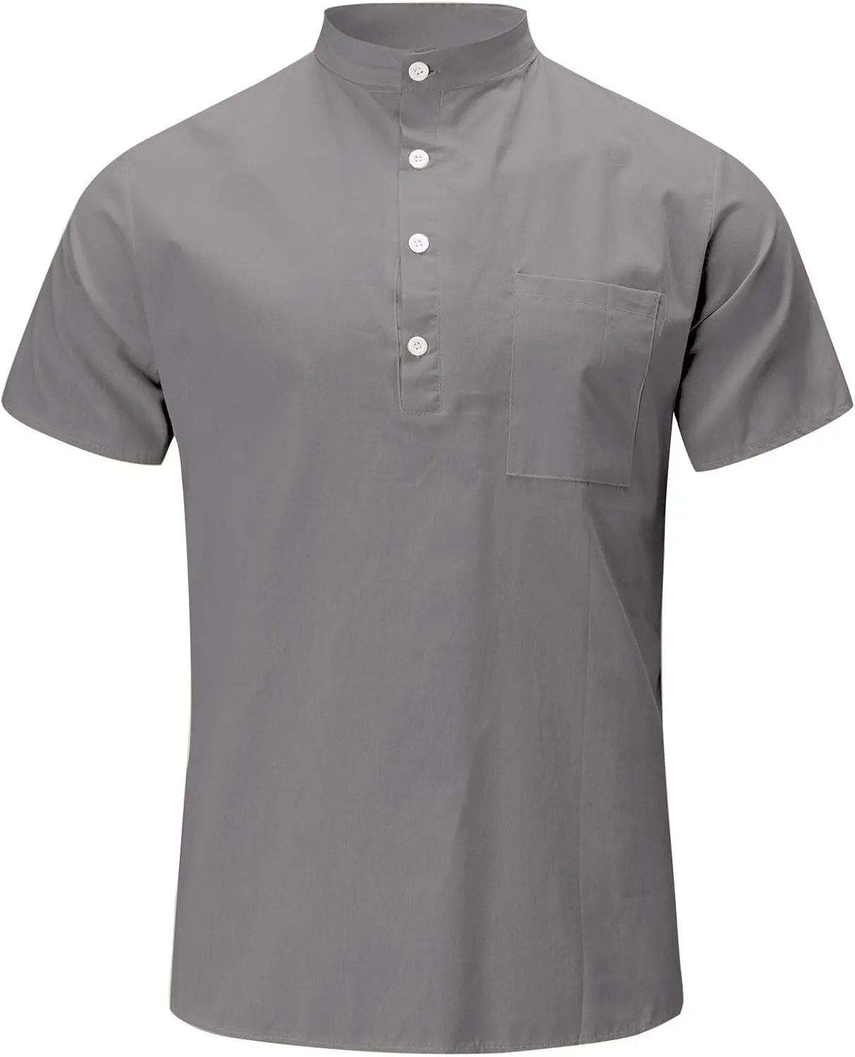 Men Linen Henley Shirts Short Sleeve Button Down Cotton Shirt with Pocket Standard Fit Basic Tees Summer Beach Tops