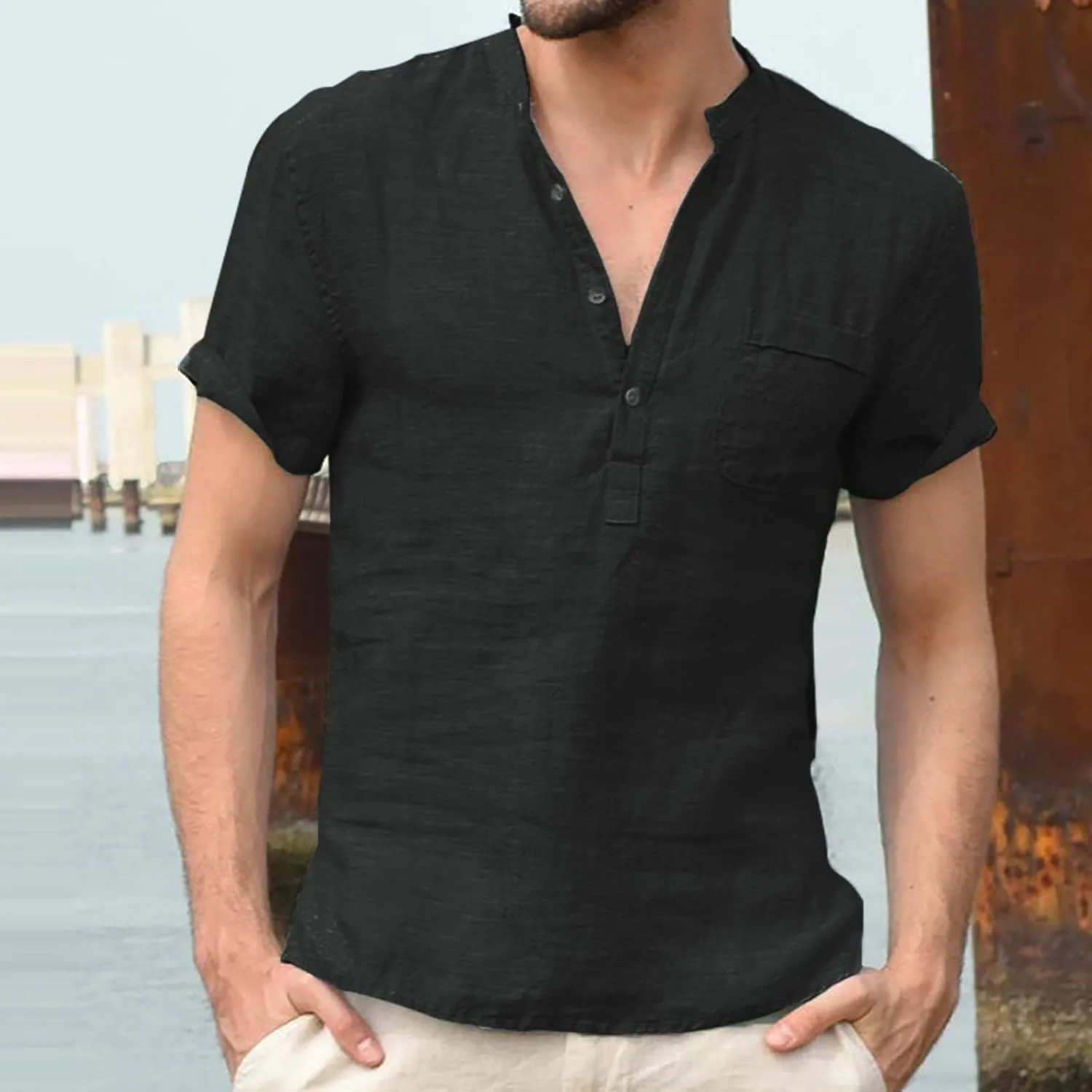 Men Linen Henley Shirts Short Sleeve Button Down Cotton Shirt with Pocket Standard Fit Basic Tees Summer Beach Tops
