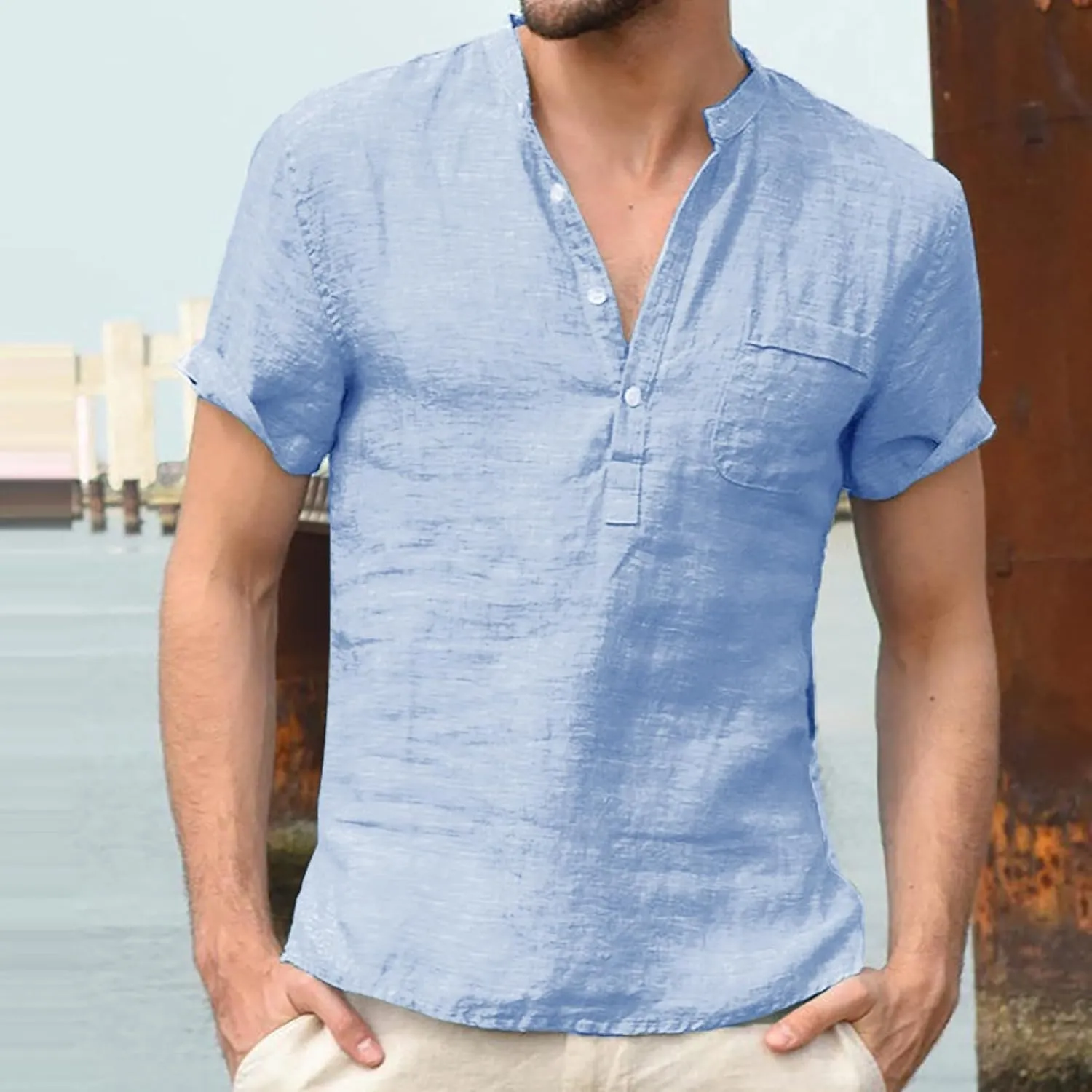Men Linen Henley Shirts Short Sleeve Button Down Cotton Shirt with Pocket Standard Fit Basic Tees Summer Beach Tops