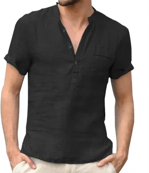 Men Linen Henley Shirts Short Sleeve Button Down Cotton Shirt with Pocket Standard Fit Basic Tees Summer Beach Tops