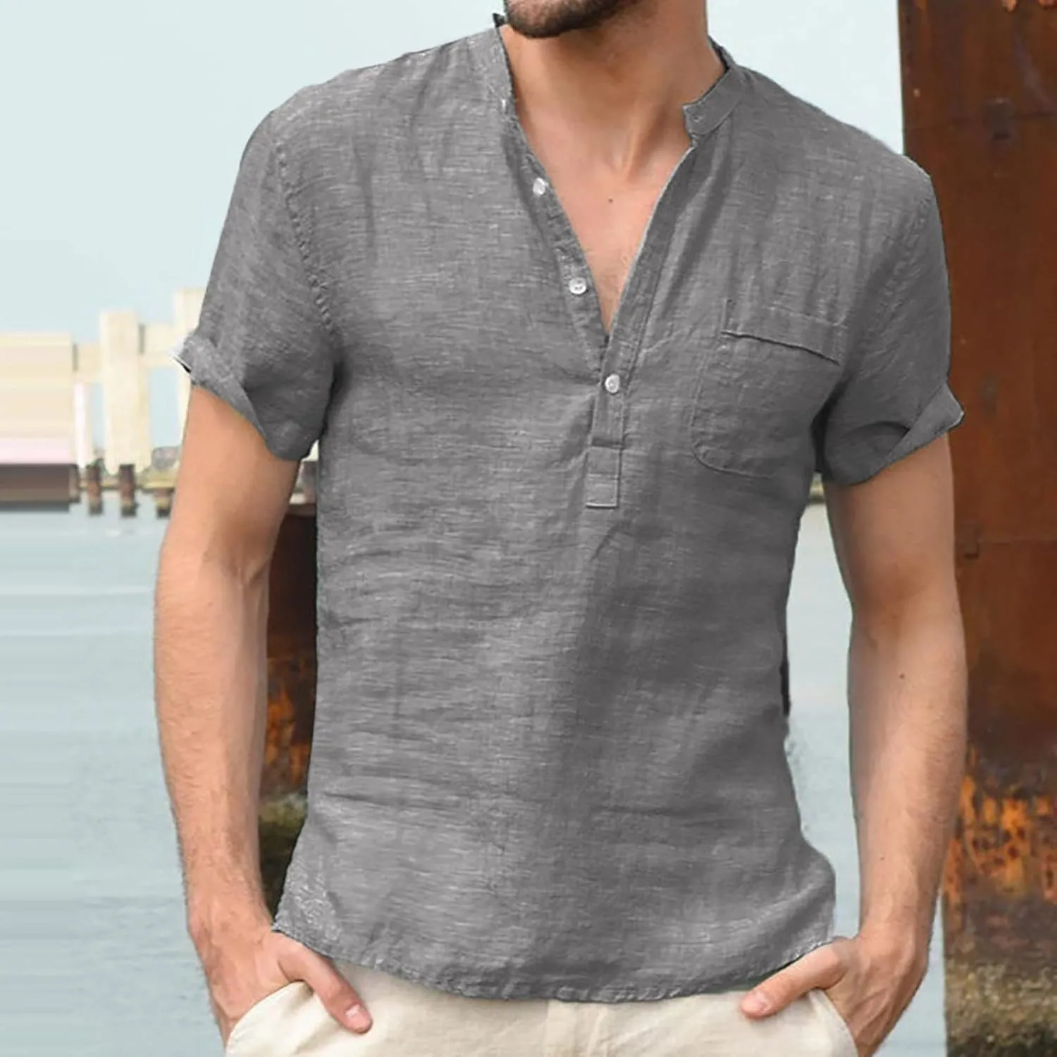 Men Linen Henley Shirts Short Sleeve Button Down Cotton Shirt with Pocket Standard Fit Basic Tees Summer Beach Tops