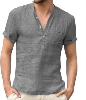 Men Linen Henley Shirts Short Sleeve Button Down Cotton Shirt with Pocket Standard Fit Basic Tees Summer Beach Tops