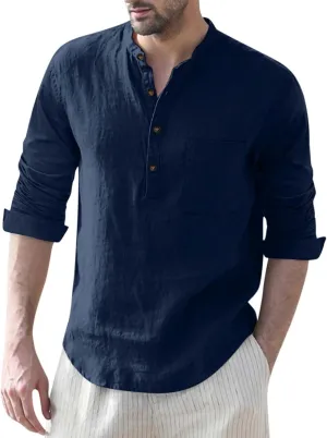 Men Linen Henley Shirts Short Sleeve Button Down Cotton Shirt with Pocket Standard Fit Basic Tees Summer Beach Tops