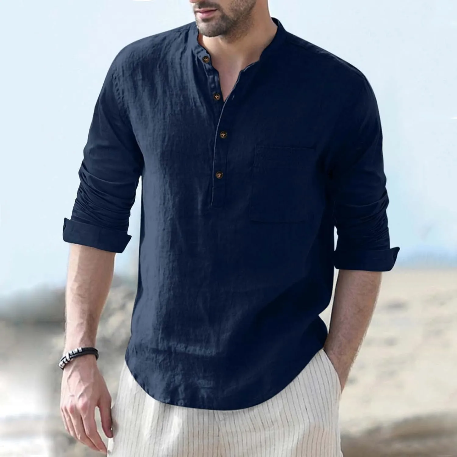 Men Linen Henley Shirts Short Sleeve Button Down Cotton Shirt with Pocket Standard Fit Basic Tees Summer Beach Tops