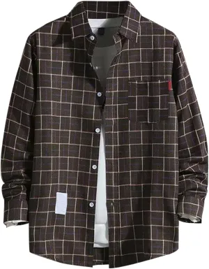 Mens Button Down Shirts Long Sleeve Slim Fit Shirts Vintage Checked Casual Stylish T-Shirts Fall Cardigan with Pockets