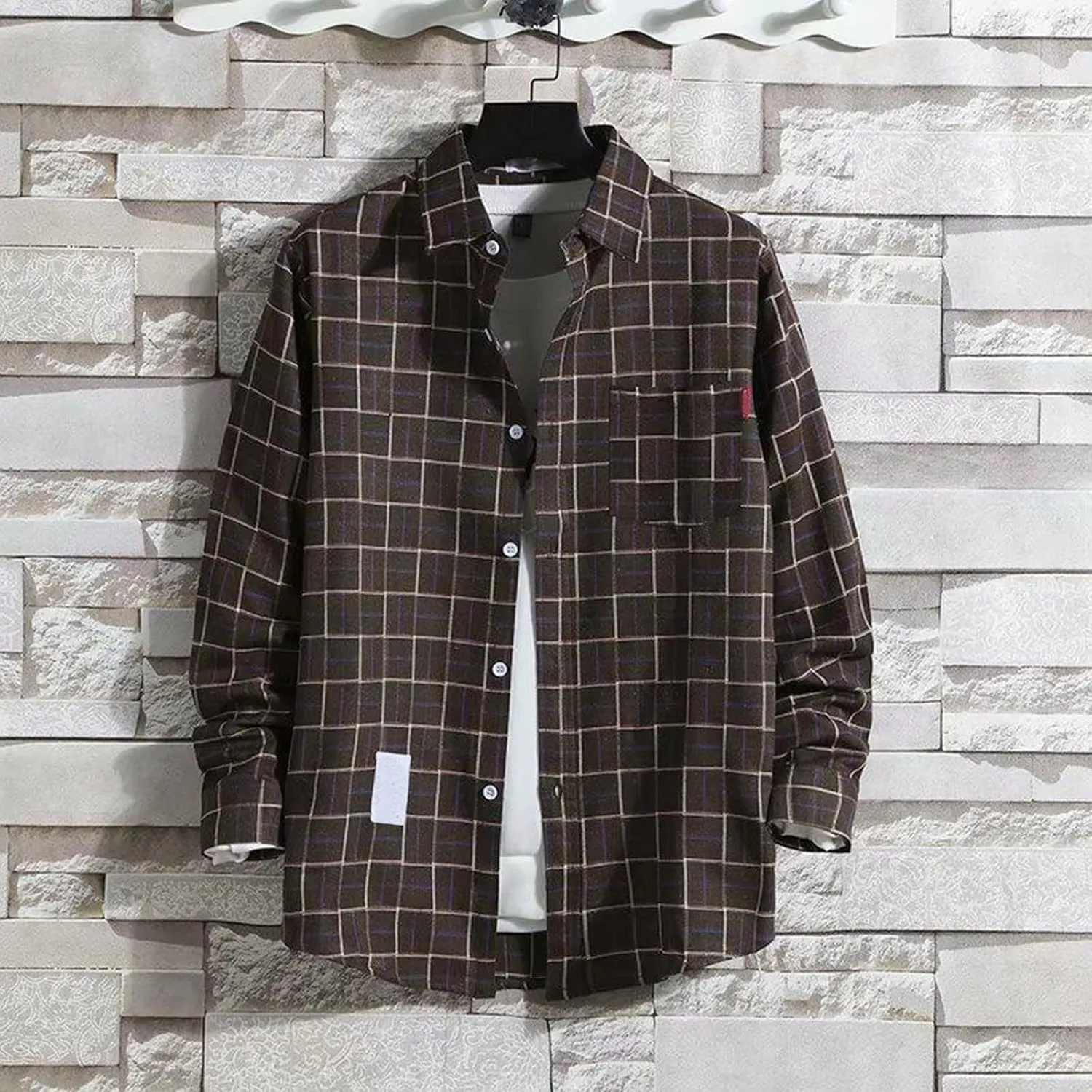 Mens Button Down Shirts Long Sleeve Slim Fit Shirts Vintage Checked Casual Stylish T-Shirts Fall Cardigan with Pockets