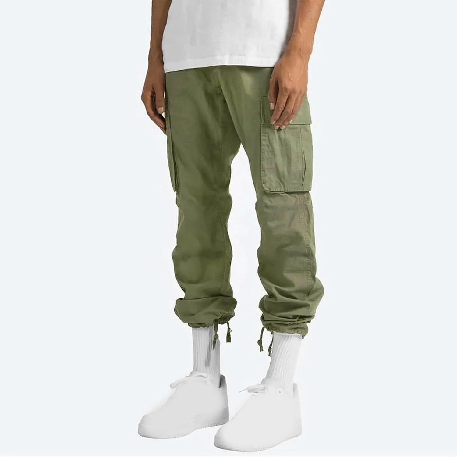 Mens Cargo Pants Elastic Waist Drawstring Joggers Cotton Athletic Pants Casual Hiking Pants Lightweight Sweatpants