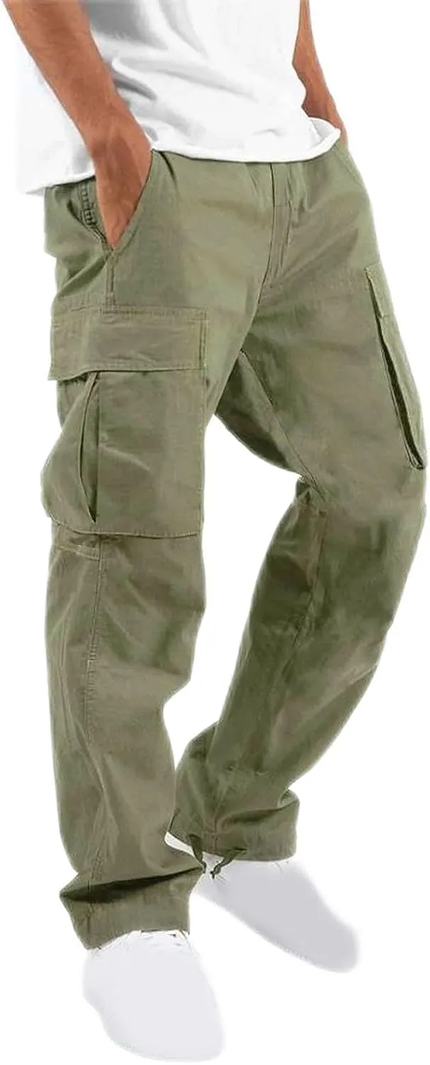 Mens Cargo Pants Elastic Waist Drawstring Joggers Cotton Athletic Pants Casual Hiking Pants Lightweight Sweatpants