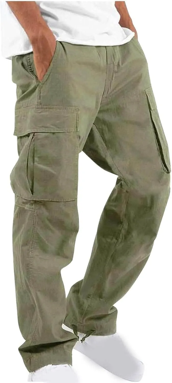 Mens Cargo Pants Elastic Waist Drawstring Joggers Cotton Athletic Pants Casual Hiking Pants Lightweight Sweatpants