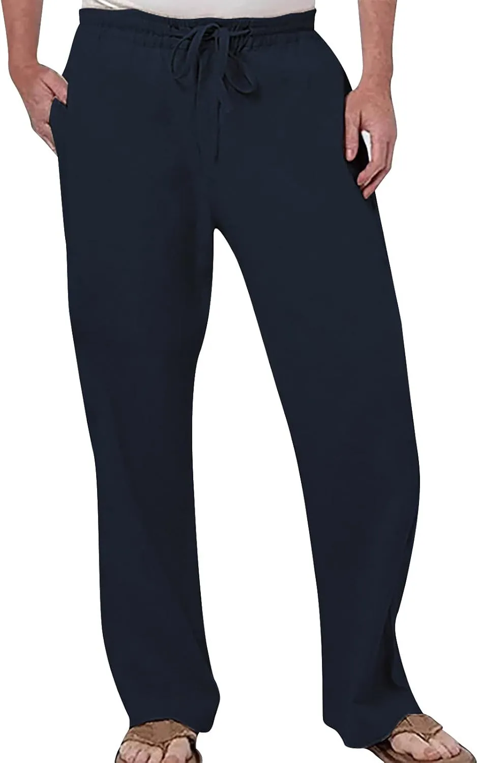 Mens Cargo Pants Elastic Waist Mens Linen Beach Pants Summer Casual Solid Color Pants Elastic Waist Drawstring Loose Trousers with Pockets Chino Pant Black