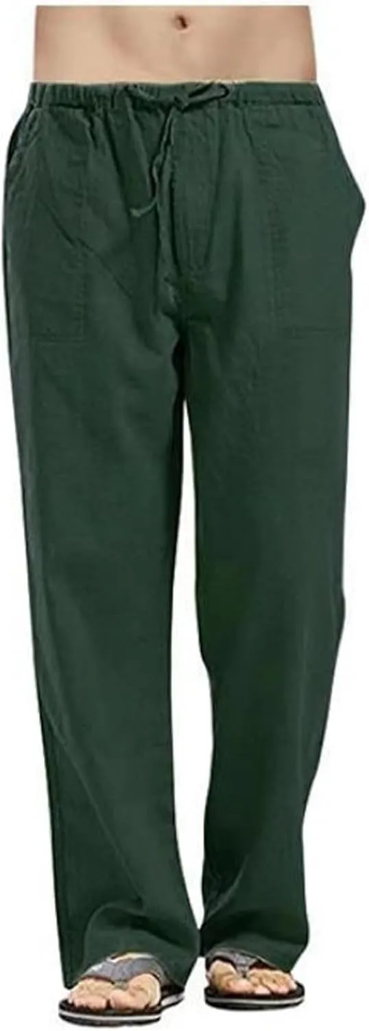 Mens Casual Linen Pants Elastic Waist Drawstring Straight Summer Beach Pants