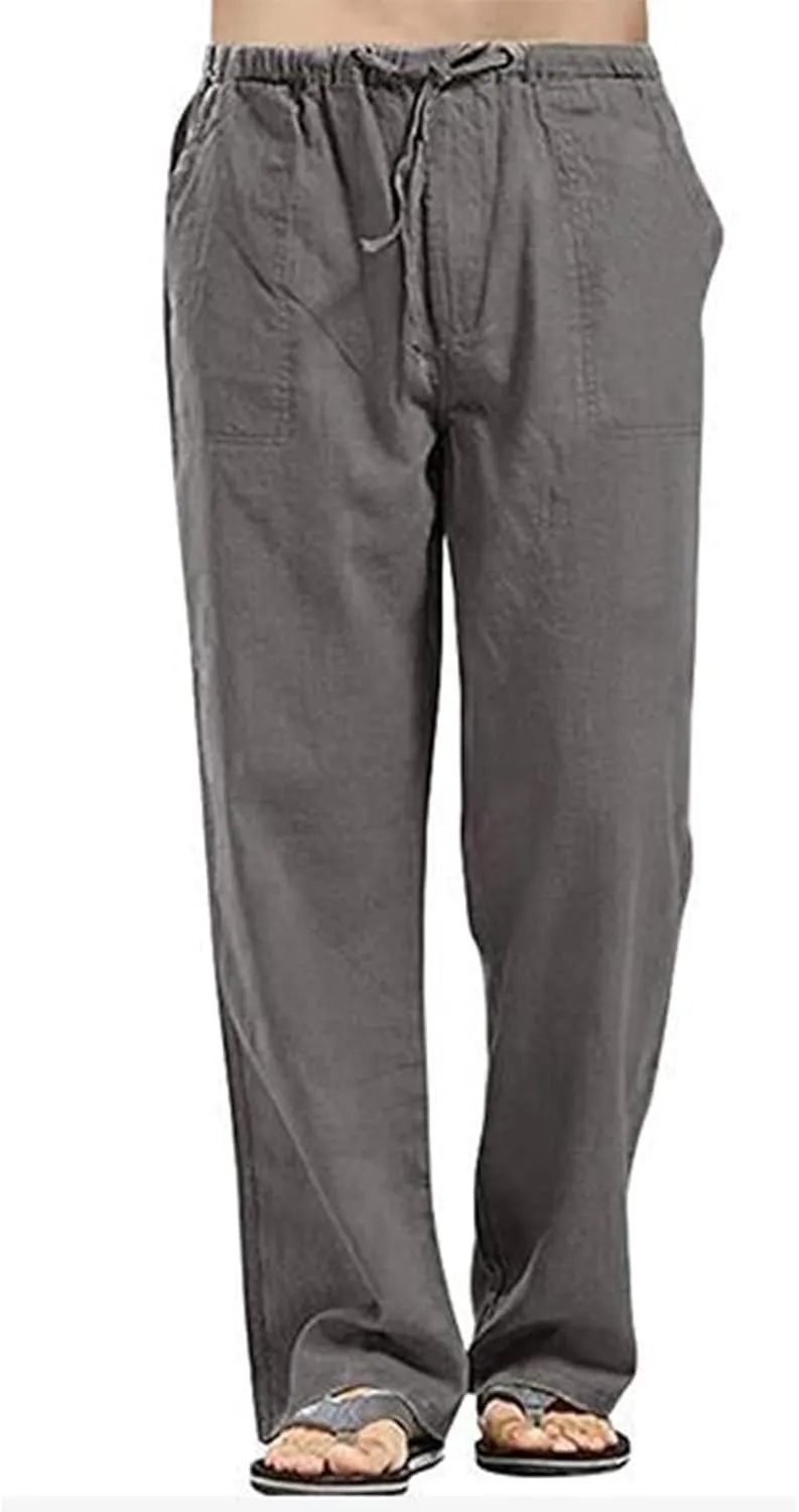 Mens Casual Linen Pants Elastic Waist Drawstring Straight Summer Beach Pants