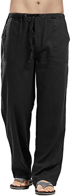 Mens Casual Linen Pants Elastic Waist Drawstring Straight Summer Beach Pants