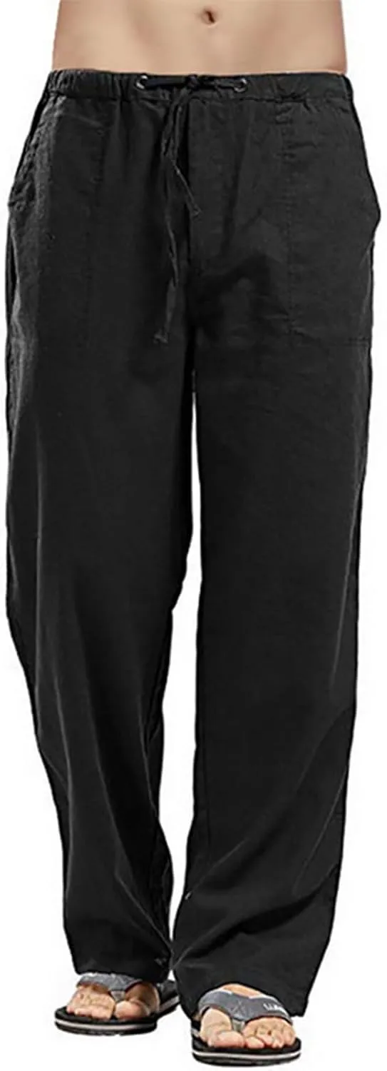 Mens Casual Linen Pants Elastic Waist Drawstring Straight Summer Beach Pants