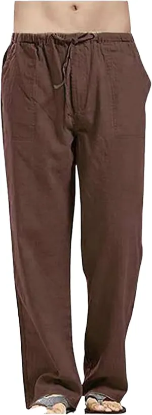 Mens Casual Linen Pants Elastic Waist Drawstring Straight Summer Beach Pants