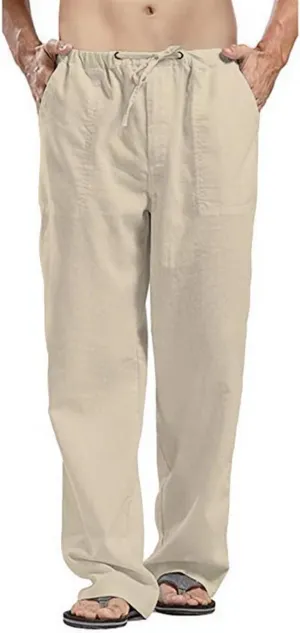 Mens Casual Linen Pants Elastic Waist Drawstring Straight Summer Beach Pants