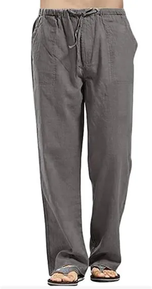 Mens Casual Linen Pants Elastic Waist Drawstring Straight Summer Beach Pants