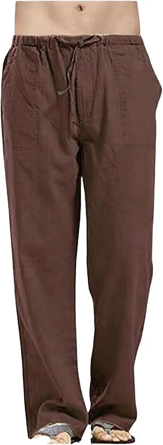 Mens Casual Linen Pants Elastic Waist Drawstring Straight Summer Beach Pants