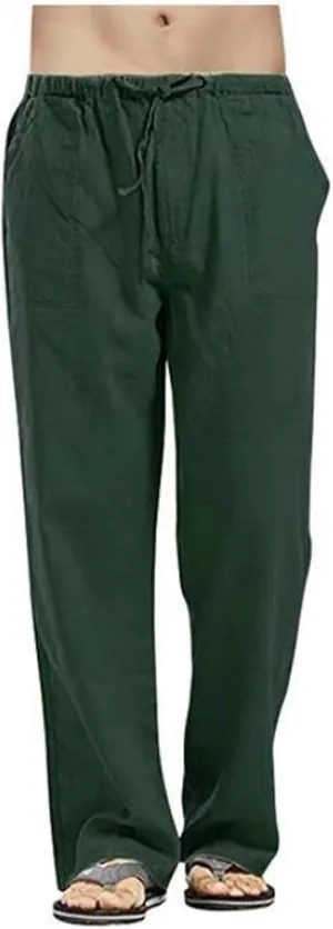 Mens Casual Linen Pants Elastic Waist Drawstring Straight Summer Beach Pants