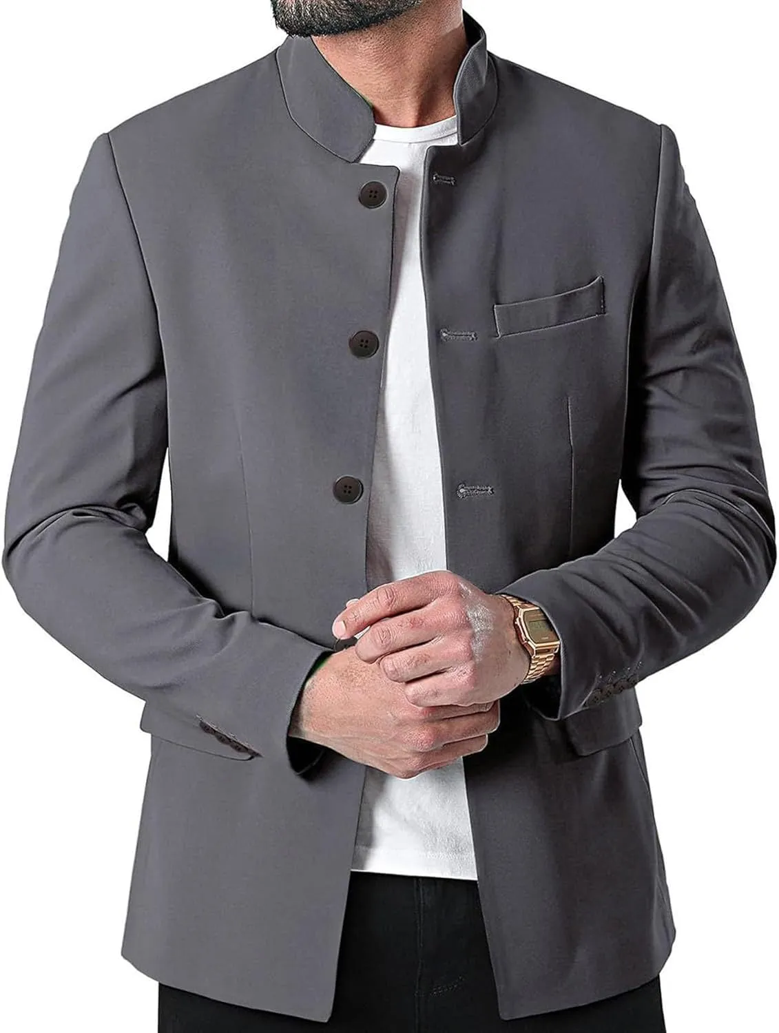 Mens Casual Mandarin Collar Suit Blazer Jackets Single Breasted Business Work Dress Coats Wedding Party Sport Coats