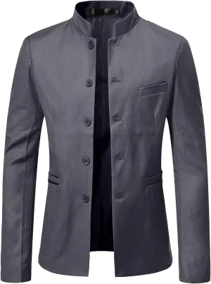 Mens Casual Mandarin Collar Suit Blazer Jackets Single Breasted Business Work Dress Coats Wedding Party Sport Coats
