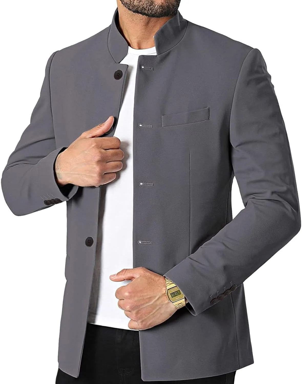 Mens Casual Mandarin Collar Suit Blazer Jackets Single Breasted Business Work Dress Coats Wedding Party Sport Coats