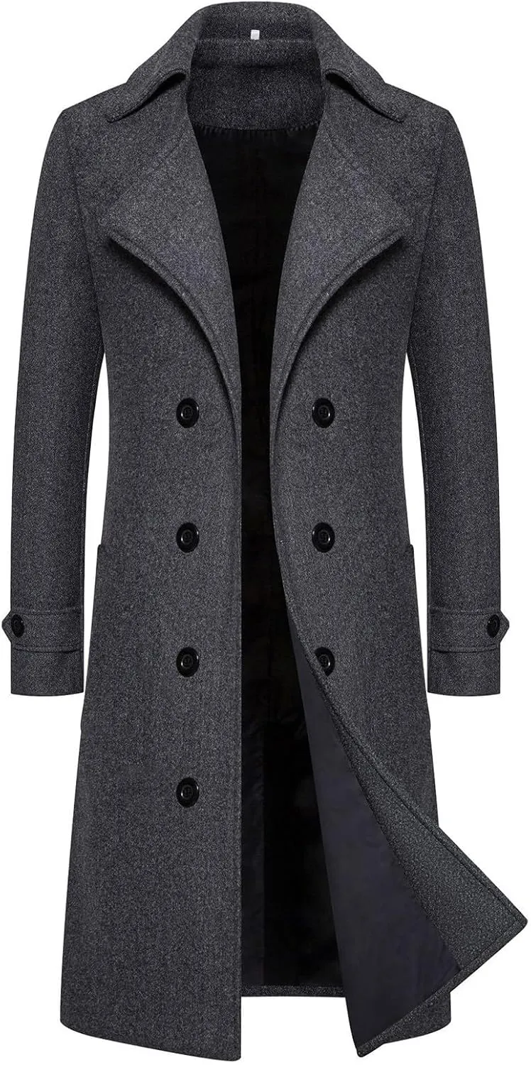 Men's Casual Notched Collar Peacoat Trench Classic Winter Overcoat with Pockets