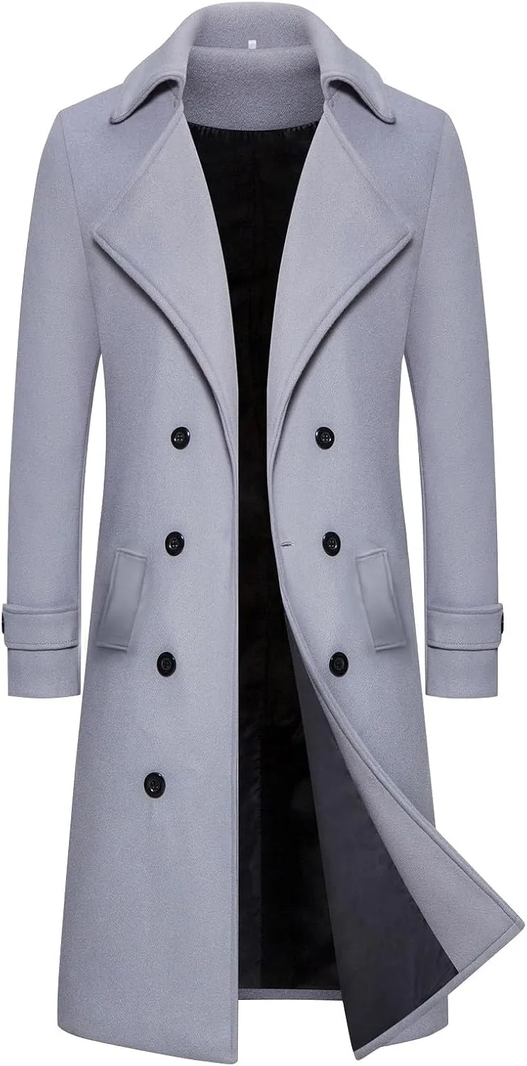 Men's Casual Notched Collar Peacoat Trench Classic Winter Overcoat with Pockets