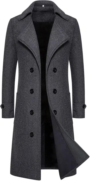 Men's Casual Notched Collar Peacoat Trench Classic Winter Overcoat with Pockets