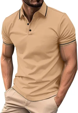 Men's Casual Polo Shirts Classic Stripes Collared Slim Fit Golf Shirt Fashion Short Sleeve Button Business Work Tops