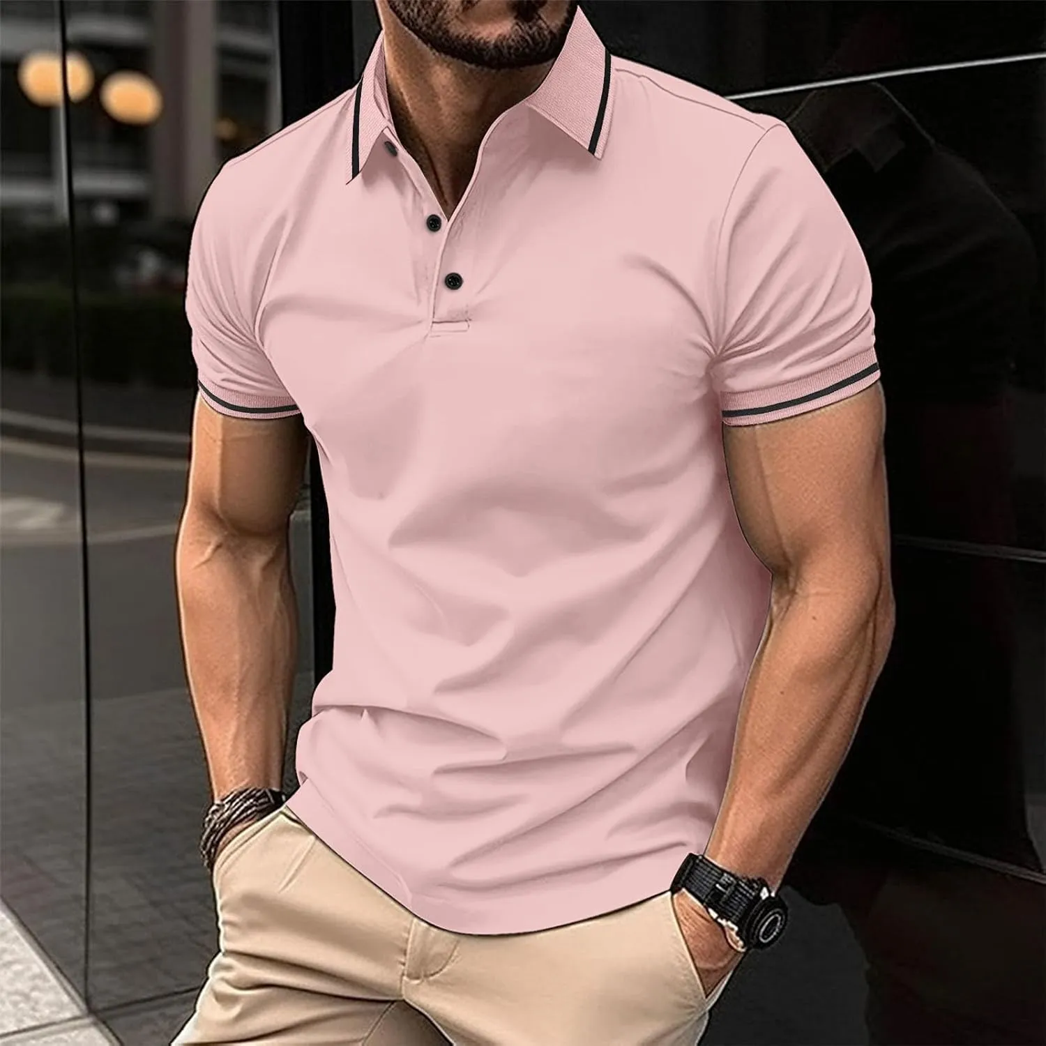 Men's Casual Polo Shirts Classic Stripes Collared Slim Fit Golf Shirt Fashion Short Sleeve Button Business Work Tops