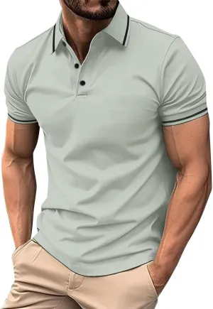 Men's Casual Polo Shirts Classic Stripes Collared Slim Fit Golf Shirt Fashion Short Sleeve Button Business Work Tops