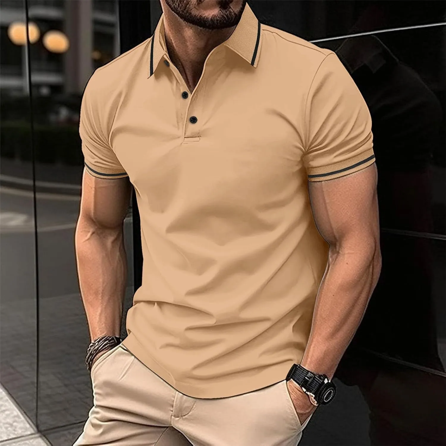 Men's Casual Polo Shirts Classic Stripes Collared Slim Fit Golf Shirt Fashion Short Sleeve Button Business Work Tops