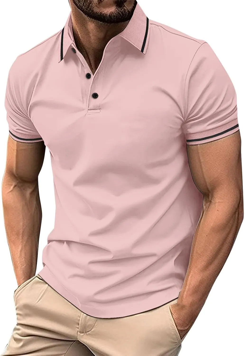 Men's Casual Polo Shirts Classic Stripes Collared Slim Fit Golf Shirt Fashion Short Sleeve Button Business Work Tops