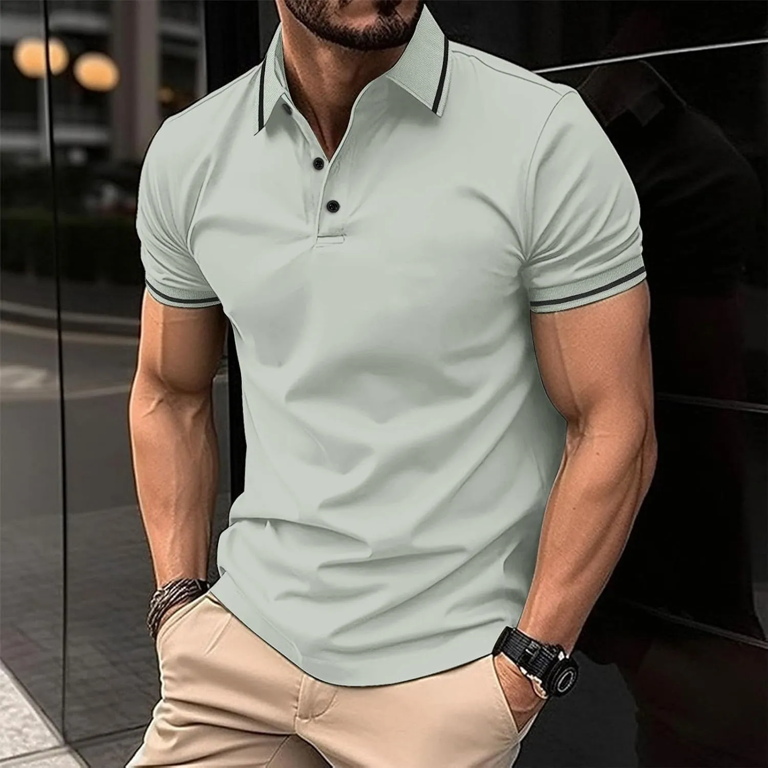 Men's Casual Polo Shirts Classic Stripes Collared Slim Fit Golf Shirt Fashion Short Sleeve Button Business Work Tops
