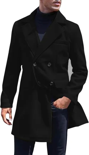 Men's Classic Warm Peacoat Single Breasted Trench Wool Blend Overcoat with Pockets