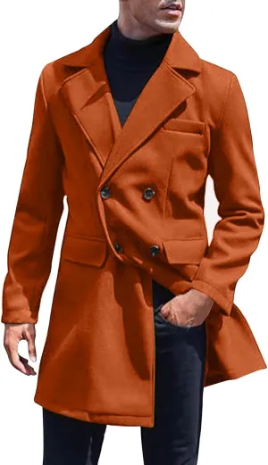 Men's Classic Warm Peacoat Single Breasted Trench Wool Blend Overcoat with Pockets
