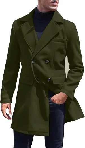 Men's Classic Warm Peacoat Single Breasted Trench Wool Blend Overcoat with Pockets