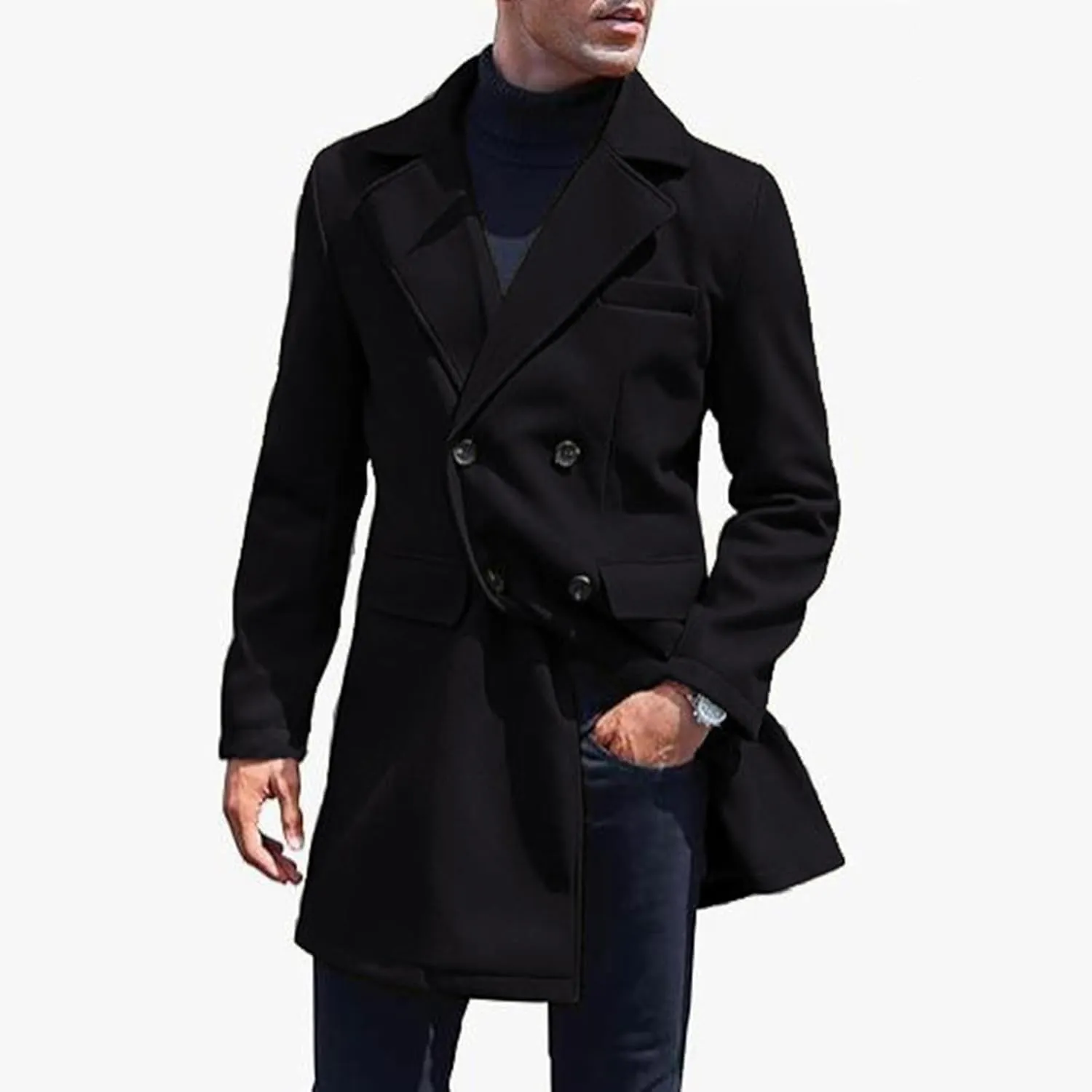 Men's Classic Warm Peacoat Single Breasted Trench Wool Blend Overcoat with Pockets