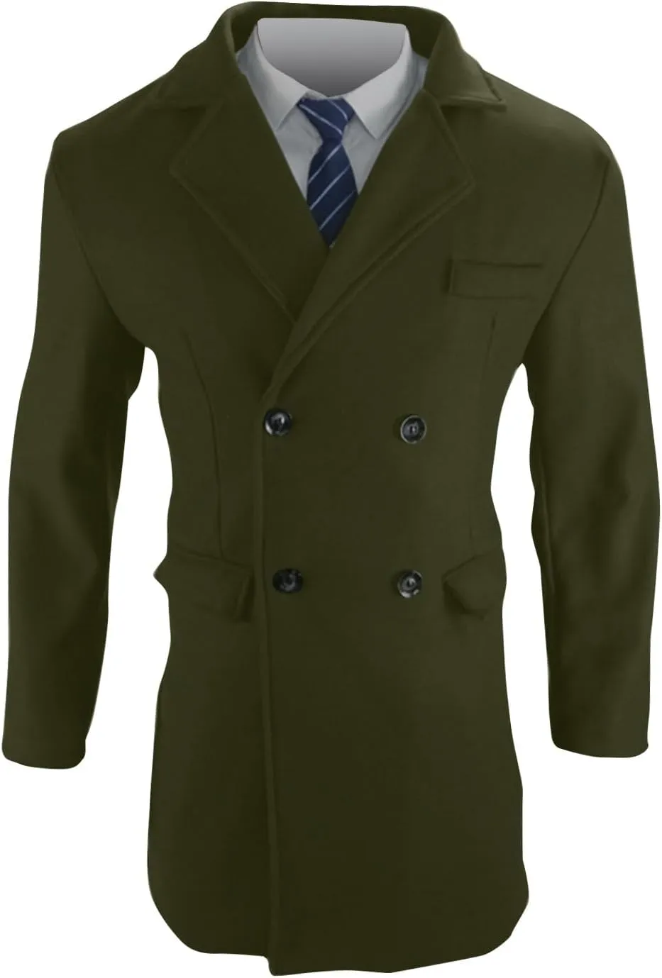 Men's Classic Warm Peacoat Single Breasted Trench Wool Blend Overcoat with Pockets
