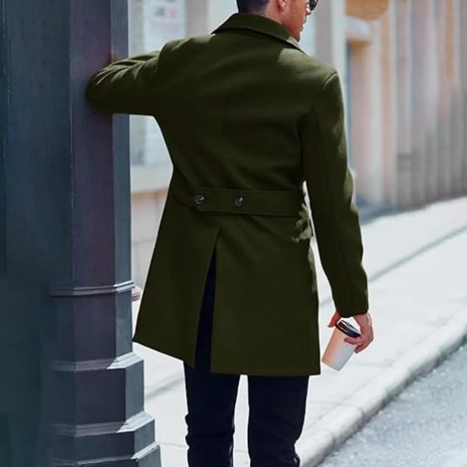 Men's Classic Warm Peacoat Single Breasted Trench Wool Blend Overcoat with Pockets