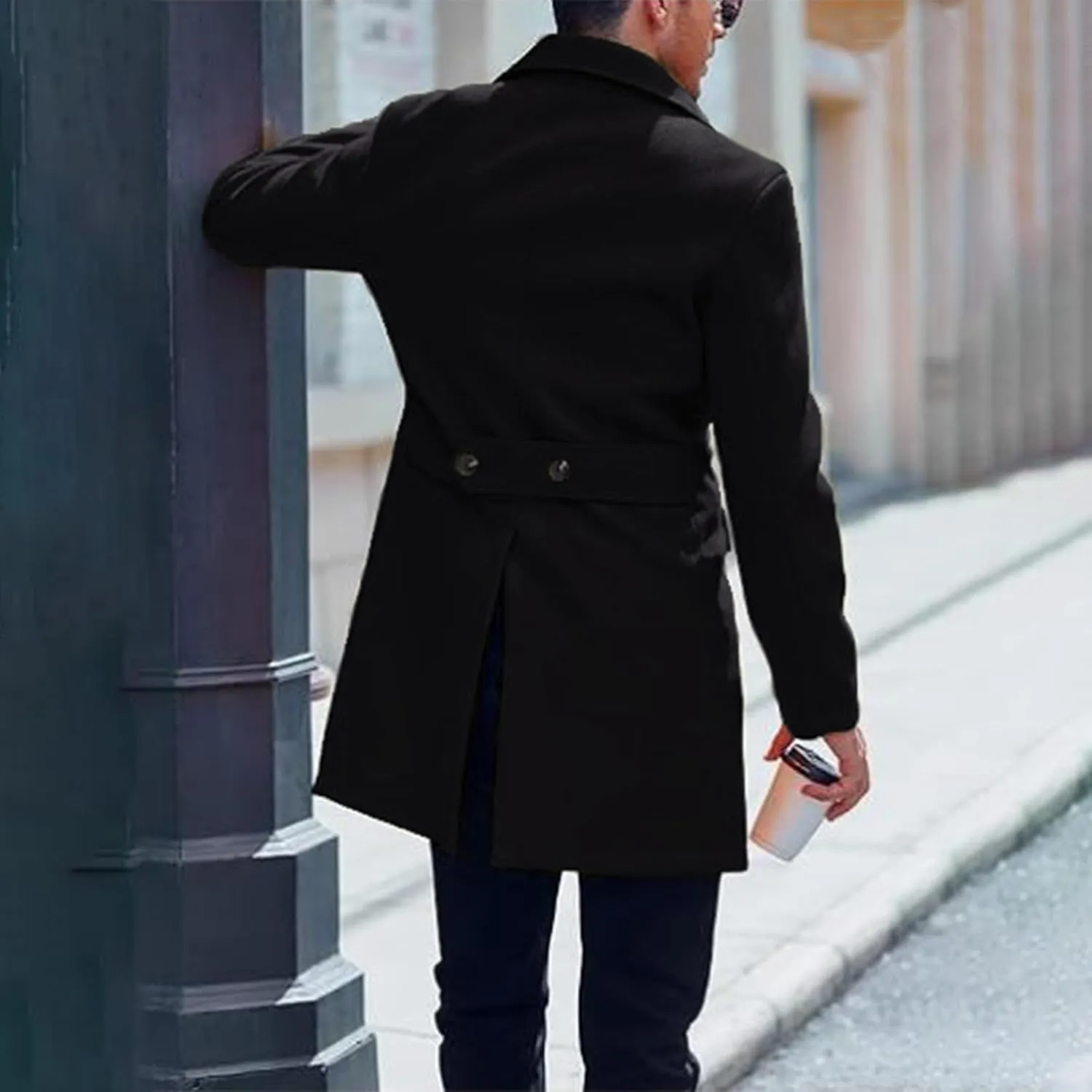 Men's Classic Warm Peacoat Single Breasted Trench Wool Blend Overcoat with Pockets
