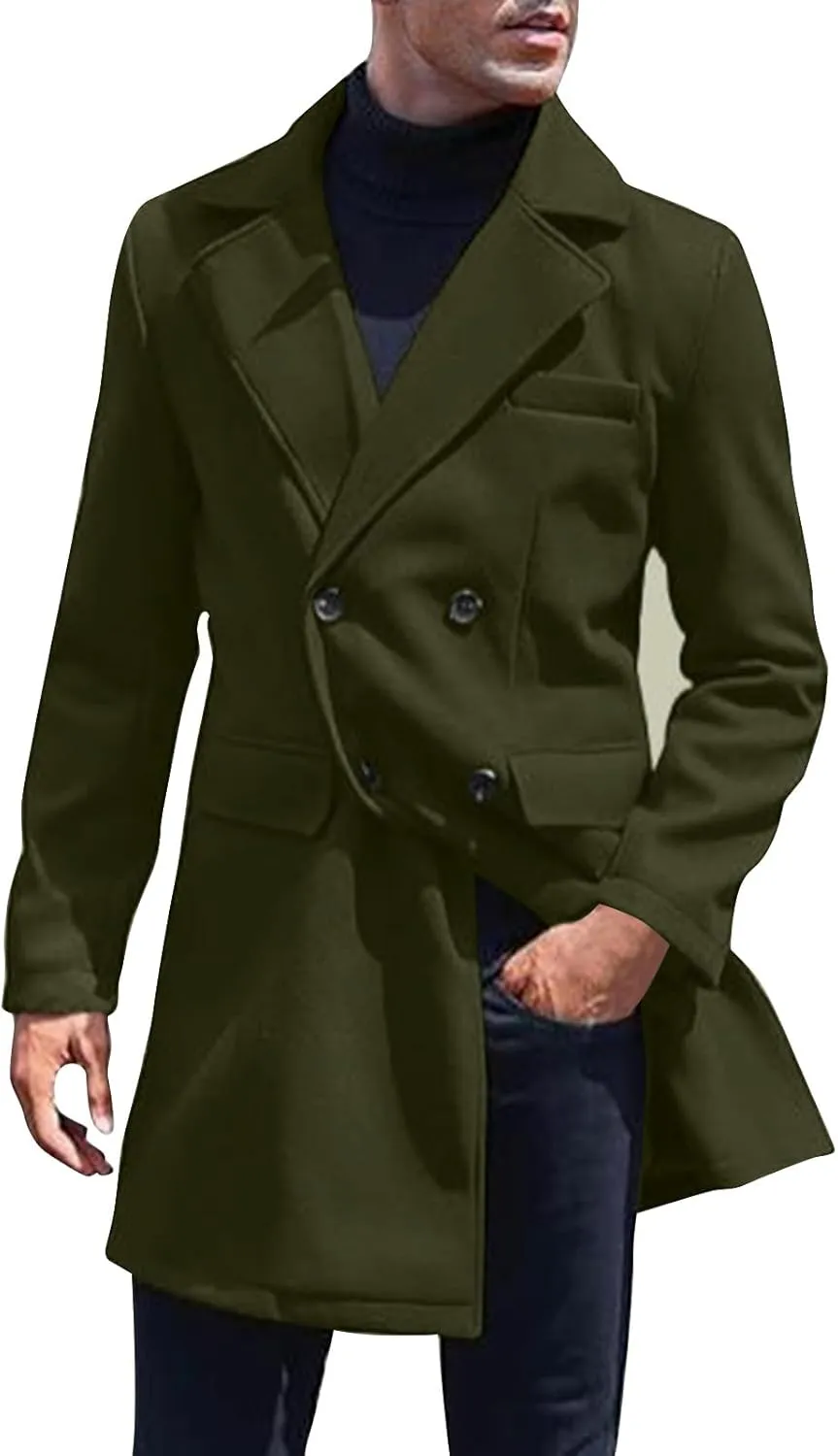 Men's Classic Warm Peacoat Single Breasted Trench Wool Blend Overcoat with Pockets