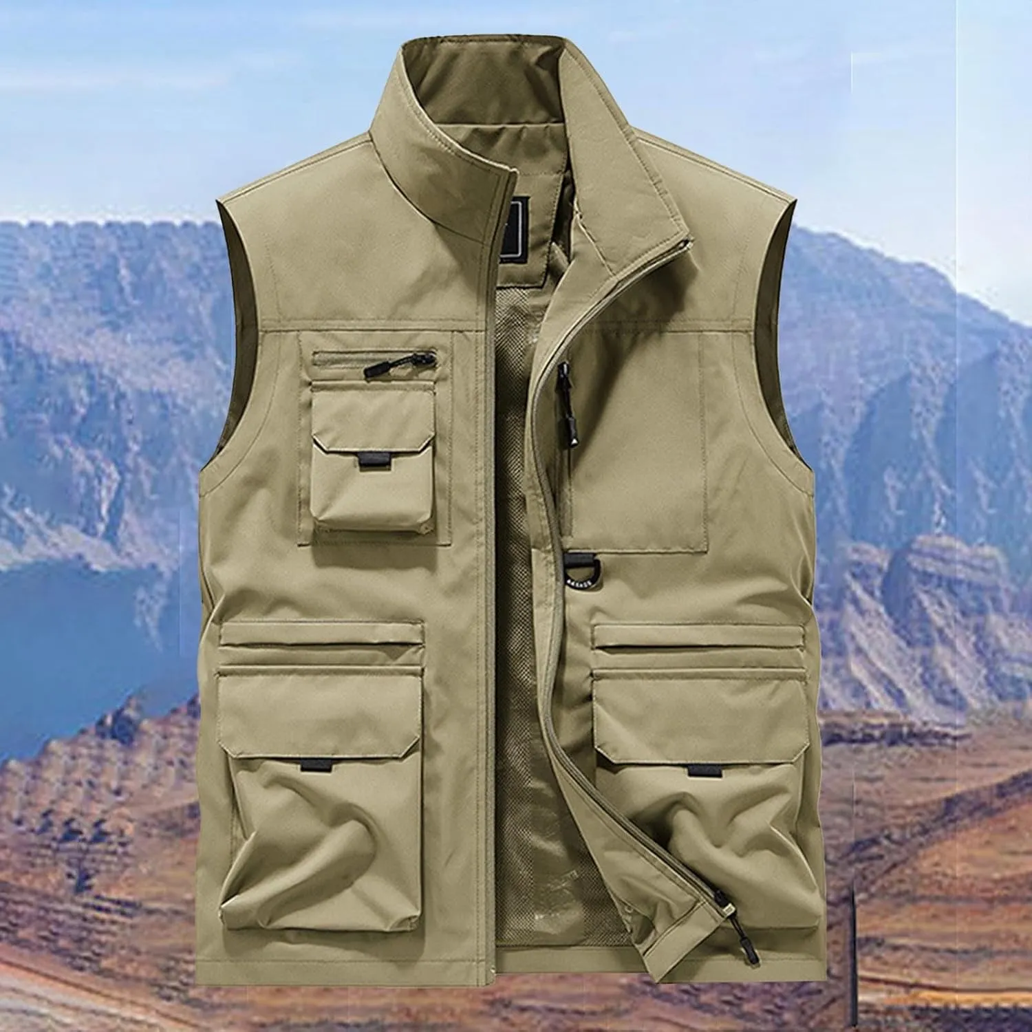 Mens Climb Vest Summer Stand Collar Travel Photo Vest Casual Running Outerwear Cargo Sleeveless Jackets with Pockets