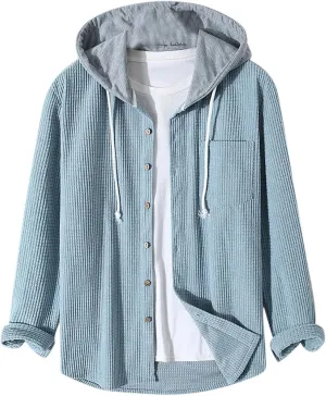 Men's Corduroy Shirt Jackets Long Sleeve Button-Down Casual Hooded Shacket Jacket Versatile Warm Outerwear with Pockets