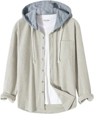 Men's Corduroy Shirt Jackets Long Sleeve Button-Down Casual Hooded Shacket Jacket Versatile Warm Outerwear with Pockets