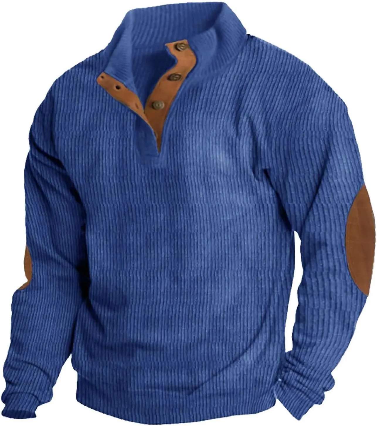 Mens Corduroy Sweatshirts Casual Lapel Collar Shirt Mock Neck Button Polo Pullover Waffle Sweater with Elbow Patches