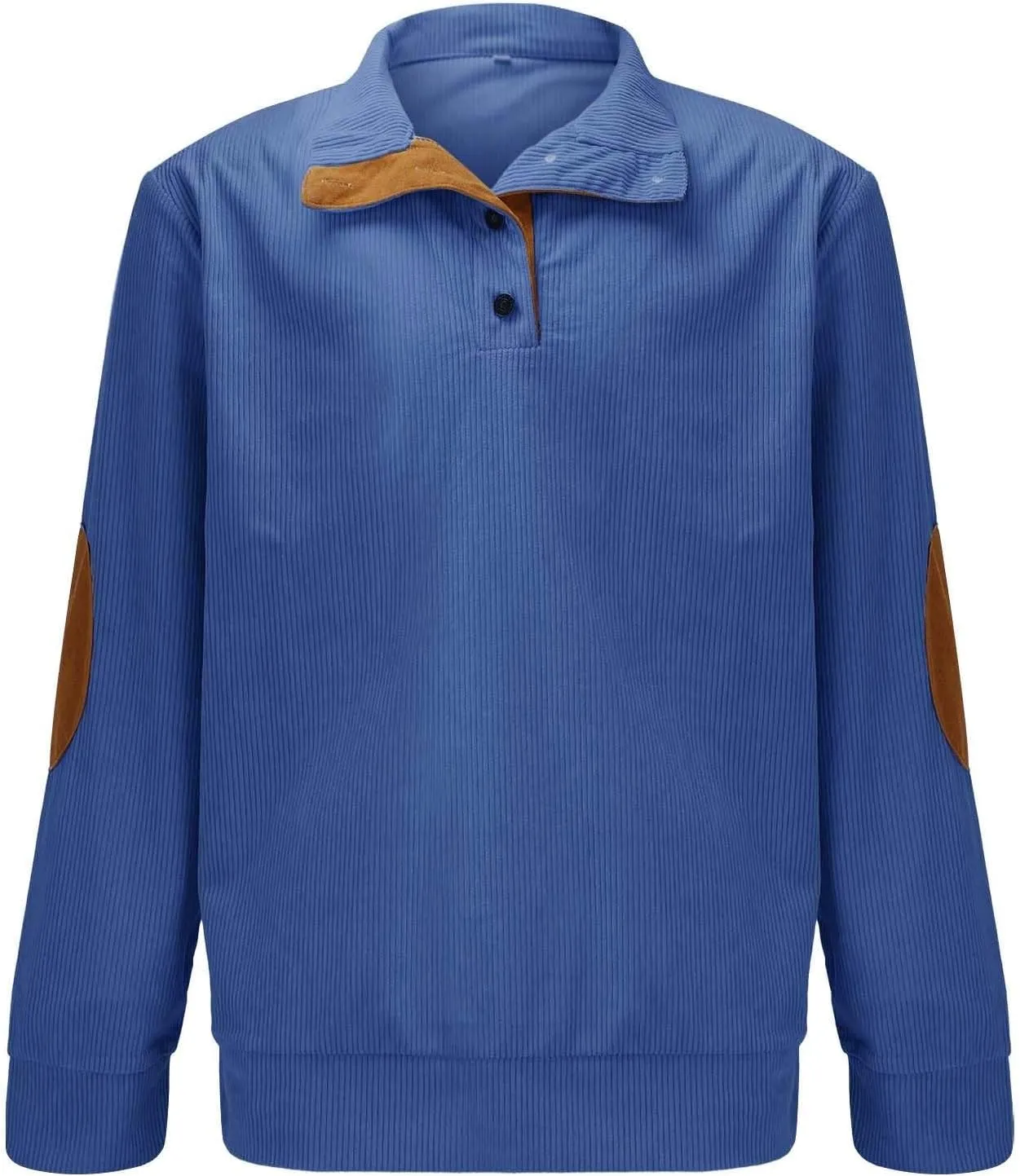 Mens Corduroy Sweatshirts Casual Lapel Collar Shirt Mock Neck Button Polo Pullover Waffle Sweater with Elbow Patches