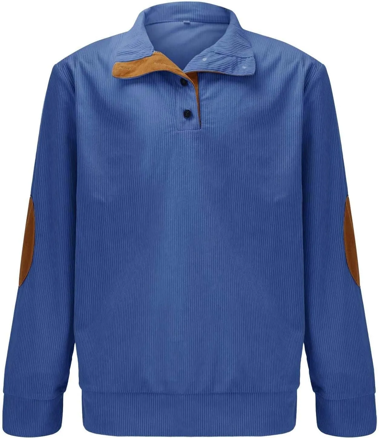 Mens Corduroy Sweatshirts Casual Lapel Collar Shirt Mock Neck Button Polo Pullover Waffle Sweater with Elbow Patches