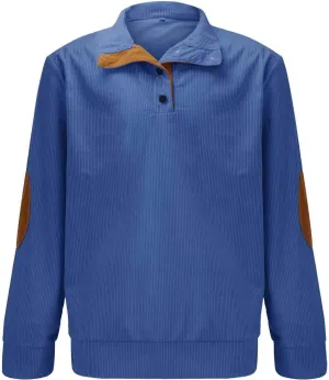 Mens Corduroy Sweatshirts Casual Lapel Collar Shirt Mock Neck Button Polo Pullover Waffle Sweater with Elbow Patches
